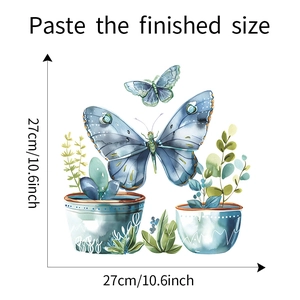 Detailed size chart for watercolor butterfly and green potted plant wall stickers