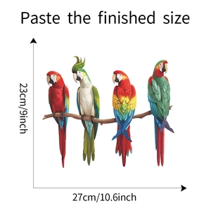 Detailed view of colorful parrot family wall sticker with size measurements for home decor