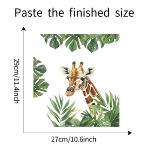 Détail du sticker mural girafe de dessin animé et feuilles vertes pour salle de bain
