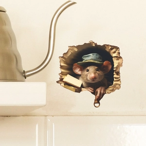 3D cartoon mouse wall sticker showing a realistic mouse with a hat peeping through a hole