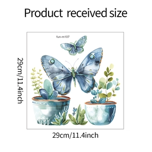 Detailed size layout of watercolor butterfly and potted plant wall decals, 29x29cm format
