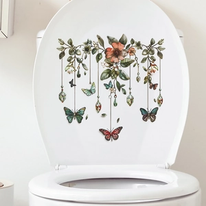 Floral green leaf and butterfly decals for toilet seat and bathroom wall decor