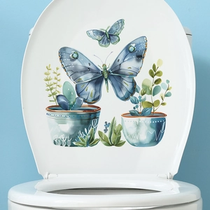 Watercolor Butterfly Green Plants Potted Toilet Lid Sticker Waterproof PVC Bathroom Home Decorative Wall Decal fun-m107