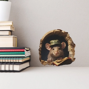 3D cartoon mouse wall sticker with a green hat reading books for home DIY decoration