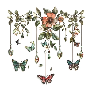Garden style wall sticker with green leaves, pink flowers and colorful butterflies