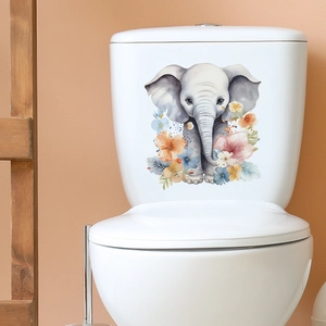 Watercolour elephant sticker with colorful flowers on a white bathroom toilet tank