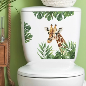 Autocollants girafe tropicale et feuilles vertes pour décoration de toilettes