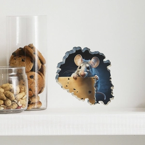 Realistic 3D mouse hole wall sticker with small grey mouse holding yellow cheese