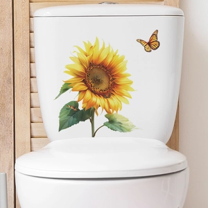 Realistic sunflower and butterfly wall sticker on white toilet tank for bathroom decor