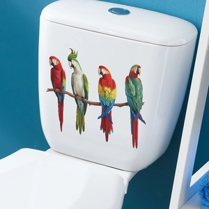 Waterproof PVC toilet tank sticker featuring colorful parrots on a wooden branch