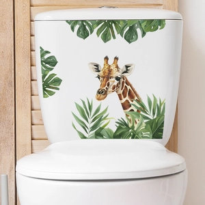 Sticker de toilette en PVC étanche avec girafe réaliste et feuilles vertes tropicales