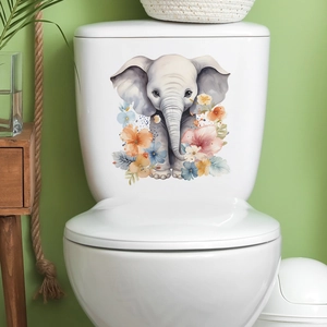 Cute cartoon elephant and tropical flower wall sticker for bathroom toilet tank decoration