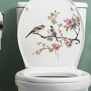 Floral toilet lid decal featuring pink plum blossoms and birds in ink wash style