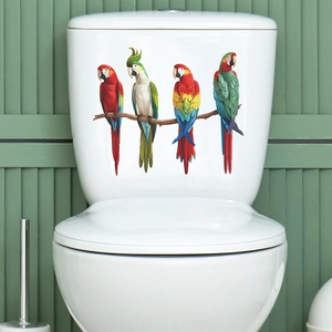 Colorful Parrot Family Toilet Sticker PVC Waterproof Wall Decal For Bathroom Lid Decoration Tropical Bird Branch Pattern