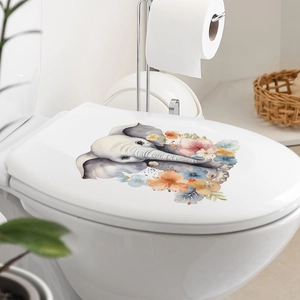 Watercolor cartoon elephant and floral stickers on a white toilet lid for bathroom decor