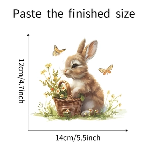 Detailed view of cute rabbit with flower basket wall sticker, 14cm by 12cm size dimensions
