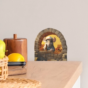 3D cartoon mouse hole wall sticker with realistic mouse peering through stone archway