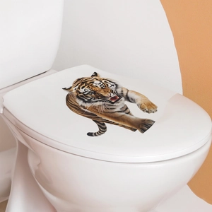 3D realistic tiger toilet lid sticker showing a jumping tiger in a modern bathroom