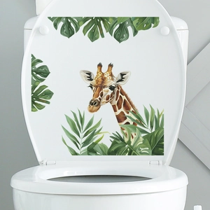Sticker de Toilette Girafe Tropicale Feuilles de Monstera Imperméable PVC Décalcomanie Murale Pour Salle de Bain Décor Nature