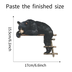 Cartoon black bear on wooden ladder wall sticker, size 17x15.5cm for home decoration