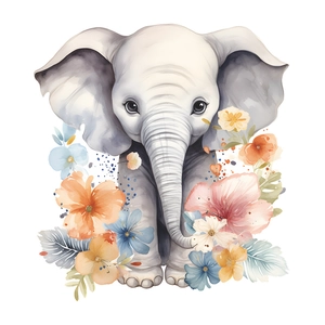 Watercolor baby elephant wall sticker with colorful floral accents for bathroom decor