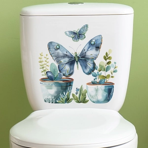 Watercolour butterfly and green plant pot stickers for bathroom toilet tank decoration
