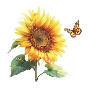 Sunflower and monarch butterfly wall sticker for bathroom decor with green leaves