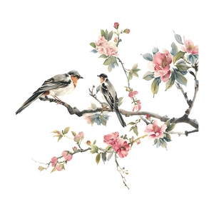 Ink style flower tree branch with birds wall sticker for bathroom decoration