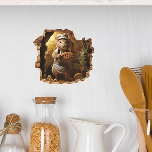 3D realistic chef mouse hole wall sticker with cheese for kitchen and dining room decor