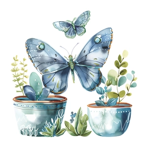 Watercolor butterfly and green potted plant wall stickers for bathroom decoration