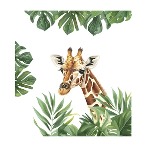 Sticker mural girafe de dessin animé et feuilles tropicales pour décor de salle de bain