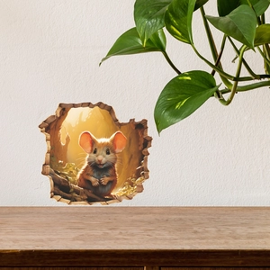 Detail view of a 3D cartoon mouse peeking from a broken wall hole DIY sticker