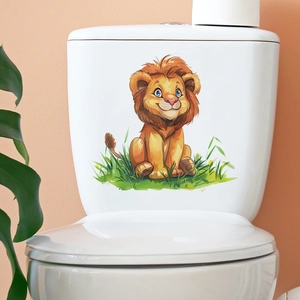 Cartoon lion sitting in green grass watercolor wall sticker on white toilet tank
