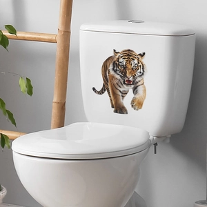 3D realistic tiger wall sticker on a bathroom toilet tank with waterproof vinyl material