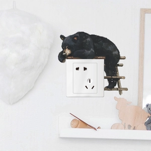 Cartoon black bear on wooden ladder wall sticker for creative light switch decoration