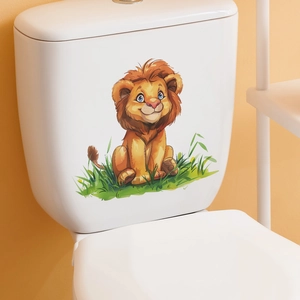 Cartoon lion wall sticker on white toilet tank with green grass decor for bathroom