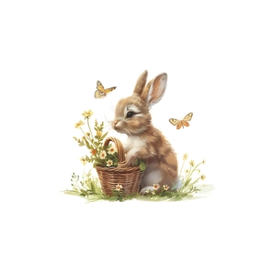Cute cartoon bunny with floral basket and butterflies sticker for home decor wall art