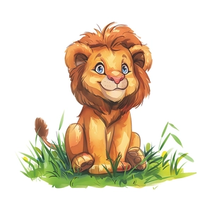 Cartoon baby lion wall sticker with blue eyes and brown mane for bathroom decoration