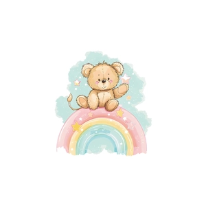 Cartoon rainbow bear wall sticker for kids bedroom decor featuring watercolor stars and clouds