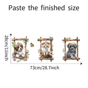 Cartoon kitten and puppy wall decal set showing finished size of 73cm wide by 28cm high