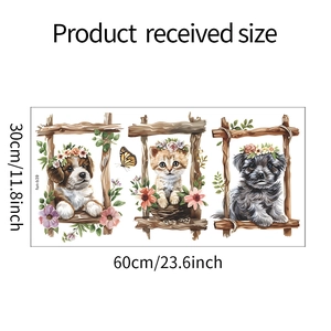 Detailed dimensions of cartoon pet wall stickers featuring cats and dogs for kids room