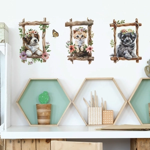 Cartoon Animal Wall Stickers With Flower Wreaths Cat And Dog PVC Decorative Wall Decals For Kids Bedroom Nursery Decor