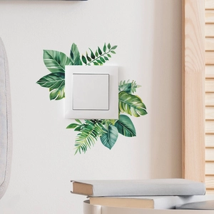 Tropical green plants wall sticker around white light switch for home decoration