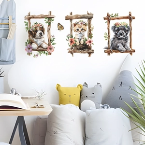 Cartoon dog and cat trio wall art stickers for children bedroom decoration