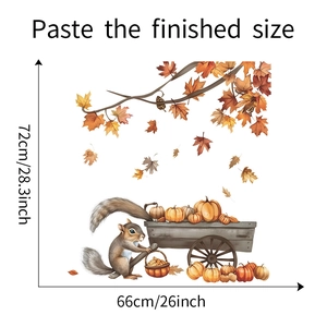 Detailed view of autumn squirrel wall sticker with pumpkin cart and dimensions 72x66cm