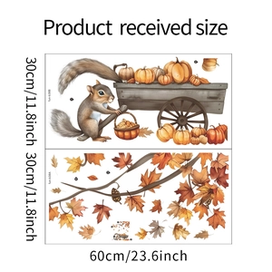 Detailed size chart showing two 30x60cm cartoon squirrel and maple leaf wall stickers