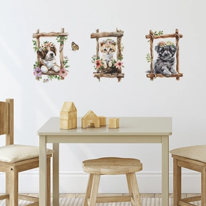 Cartoon puppy and kitten trio wall stickers in faux wood frames for kids bedroom