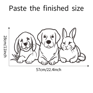 Detail showing wall sticker dimensions 57x28cm with cute minimalist puppy and bunny lines
