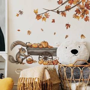Autumn squirrel wall sticker with pumpkin cart and maple leaves for kids' room