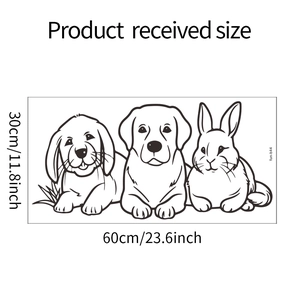 Detailed size chart showing 60x30cm dimensions for cartoon dog and rabbit wall stickers